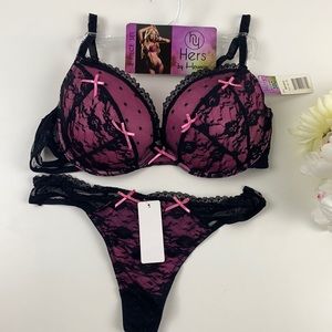Set of Bra & Thong Size 38C XL Black Pink Lace